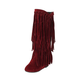 Knee-high cowboyboots med långa mockafransa Vinröd / 36