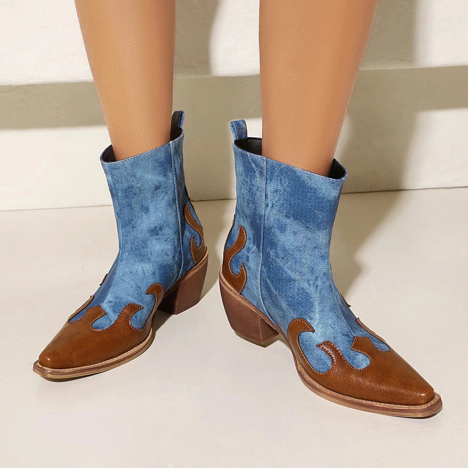 Låga Cowboy Boots i Denim och Läder för Dam