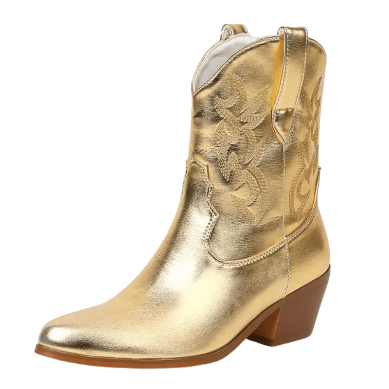 Låga cowboyboots i glänsande läderlook med broderi Guld / 35