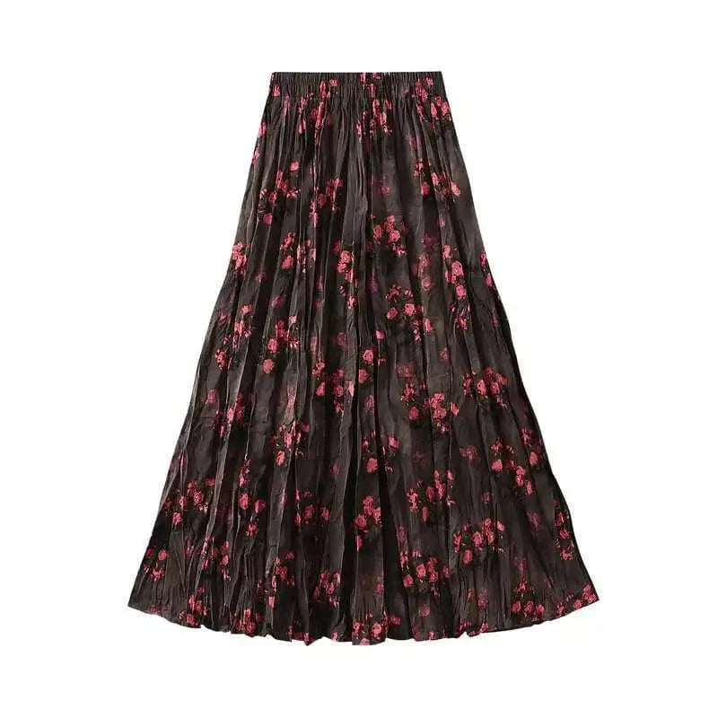 Lång plisserad kjol med blommönster Röd / One Size