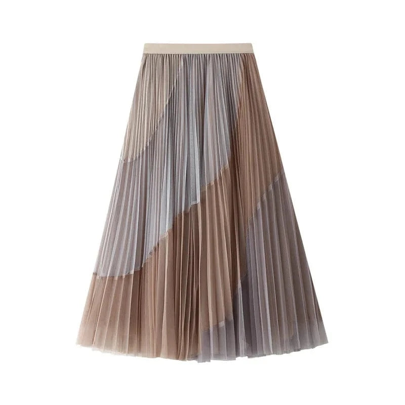 Lång plisserad tyllkjol med asymmetriskt färgblock Khaki / One Size