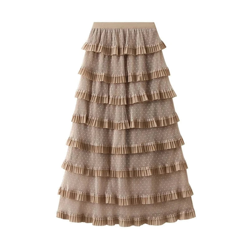 Lång prickig tyllkjol med volanger Khaki / One Size