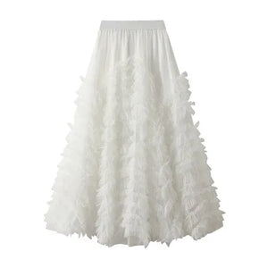 Lång tyllkjol med kaskadvolanger Vit / One Size