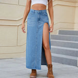 Maxikjol i denim med hög slits Ljusblå / S