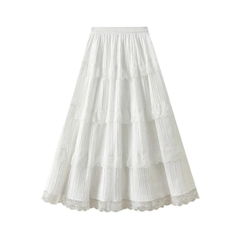 Midikjol med infällda spetsbårder Vit / One Size