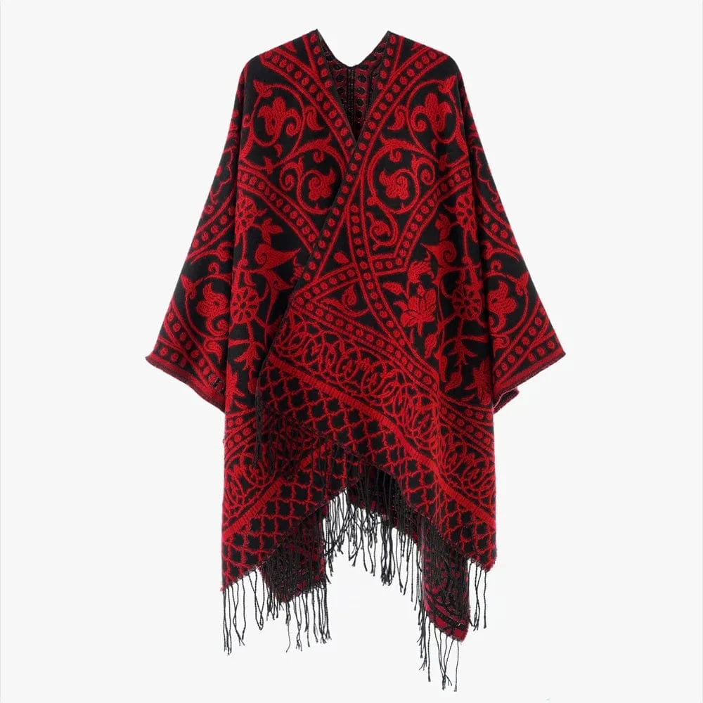 Öppen poncho med blommigt jacquardmönster Röd / One Size