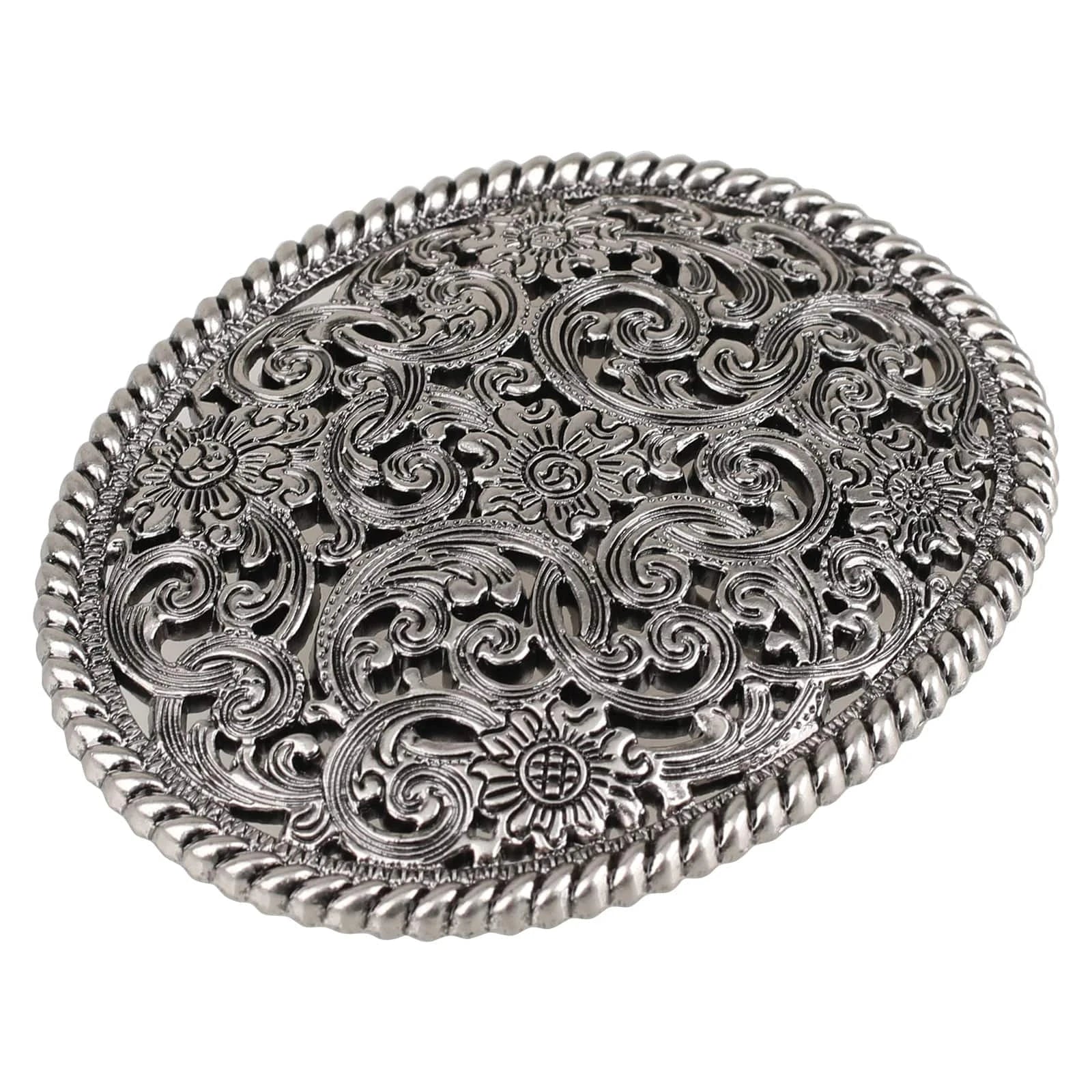 Ovalt bältespänne i vintage-silver med blommigt gravyrmönster Silver
