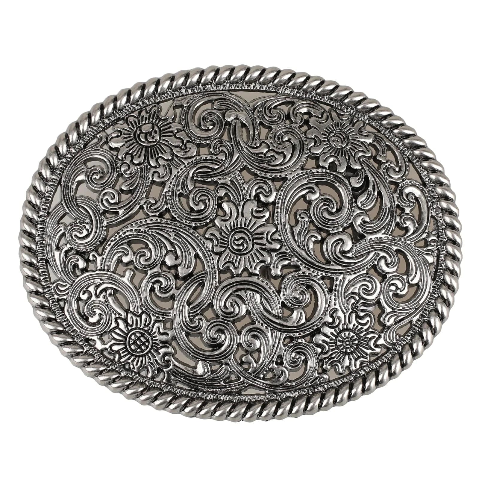 Ovalt bältespänne i vintage-silver med blommigt gravyrmönster Silver