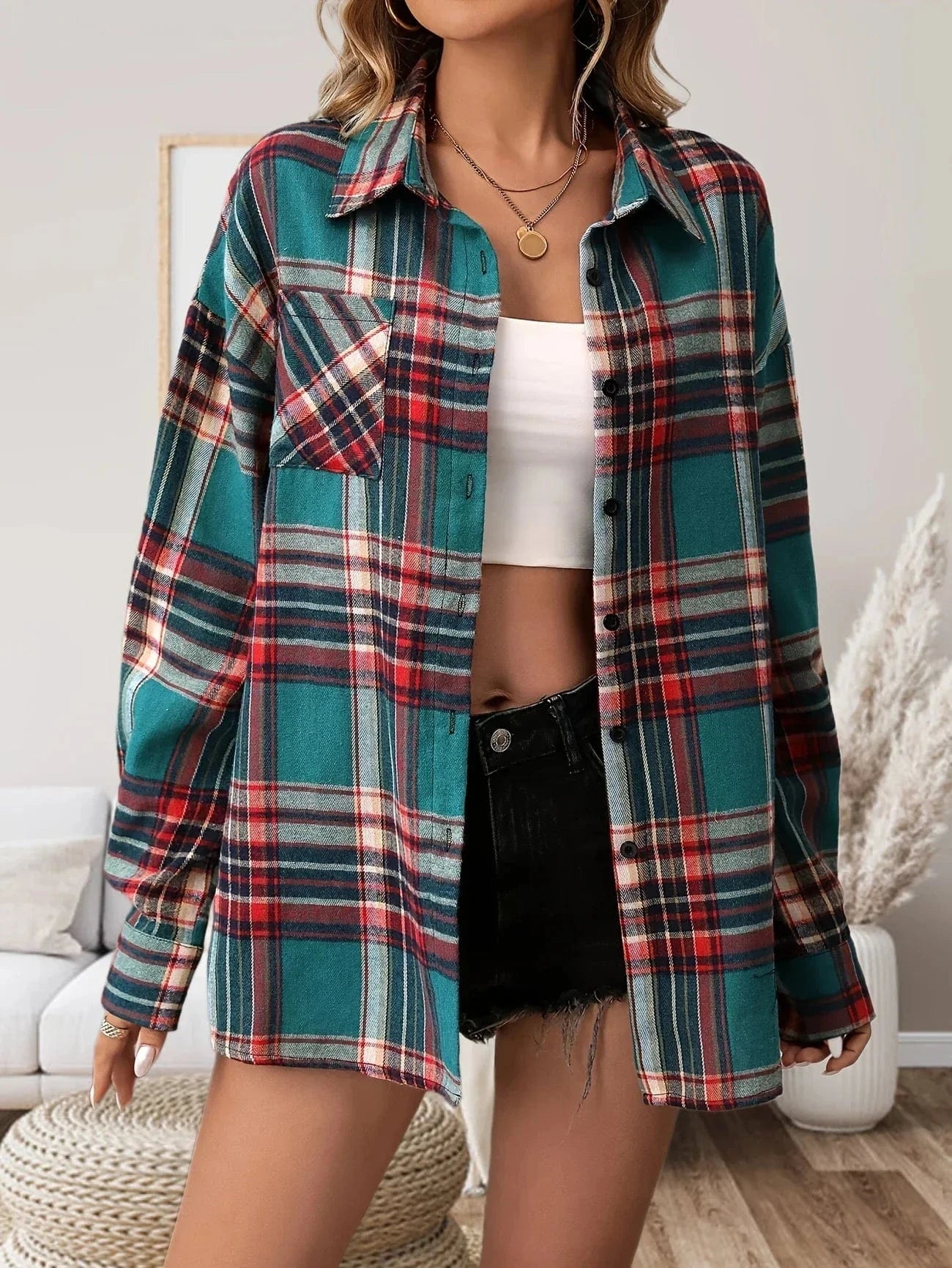 Plus size rutig flanellskjorta dam Grön / 1XL