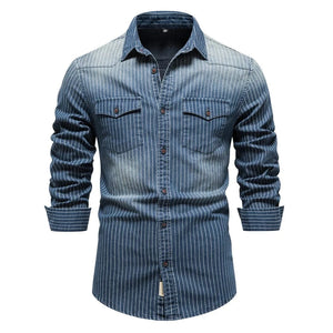 Randig cowboy skjorta herr i stretch-denim Marinblå / S
