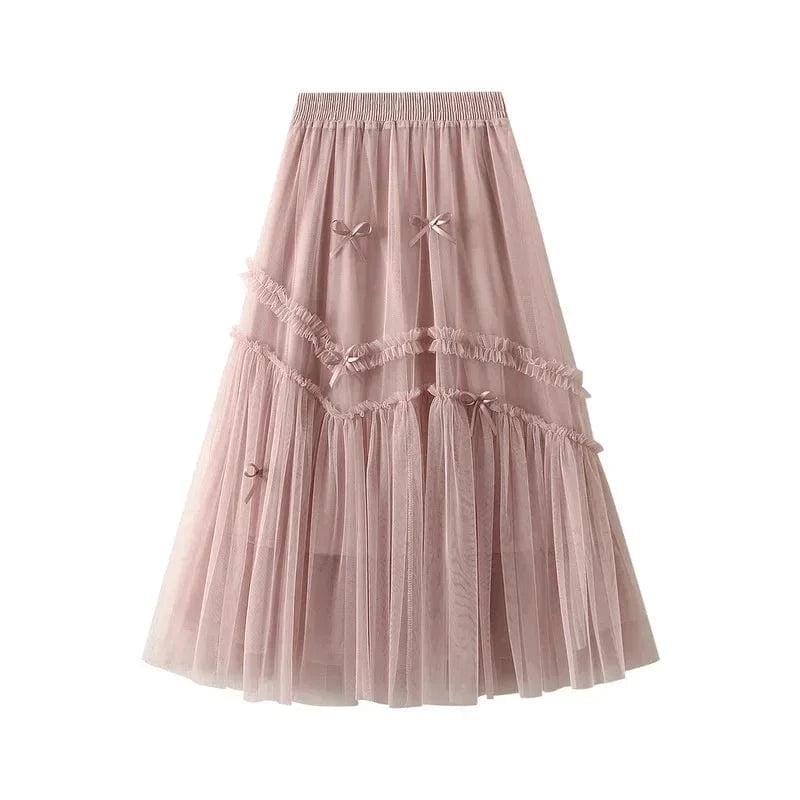 Romantisk midikjol tyll med rosetter Rosa / One Size