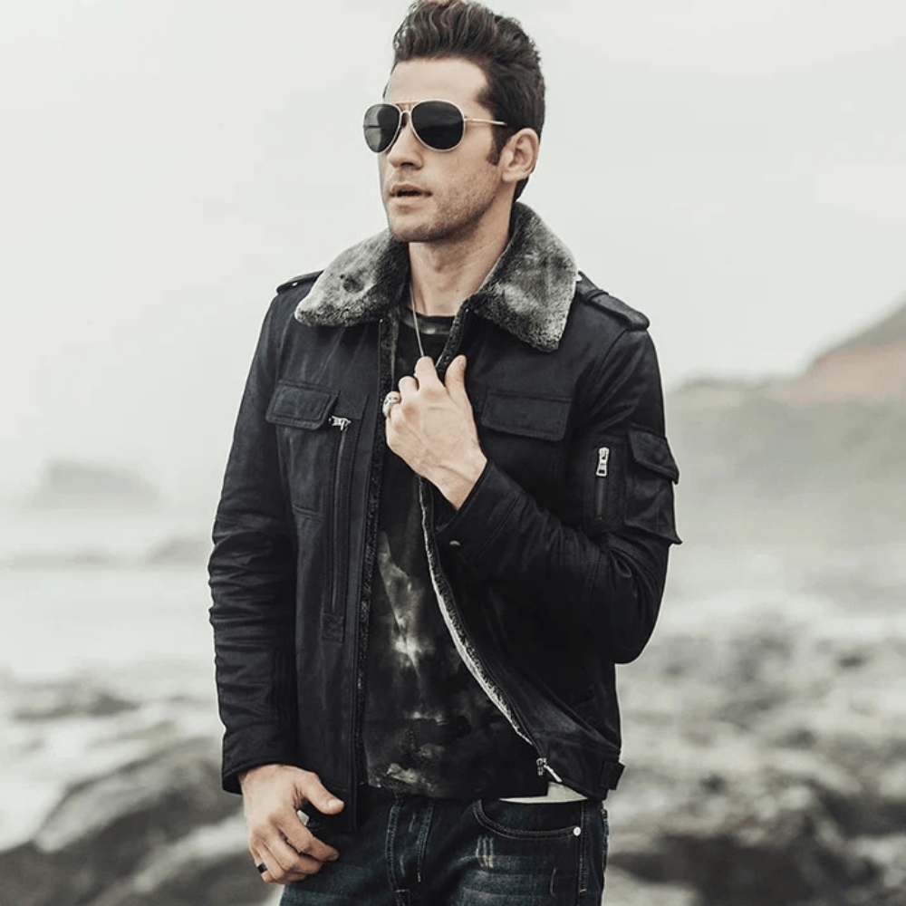 Svart skinn shearling jacka herr