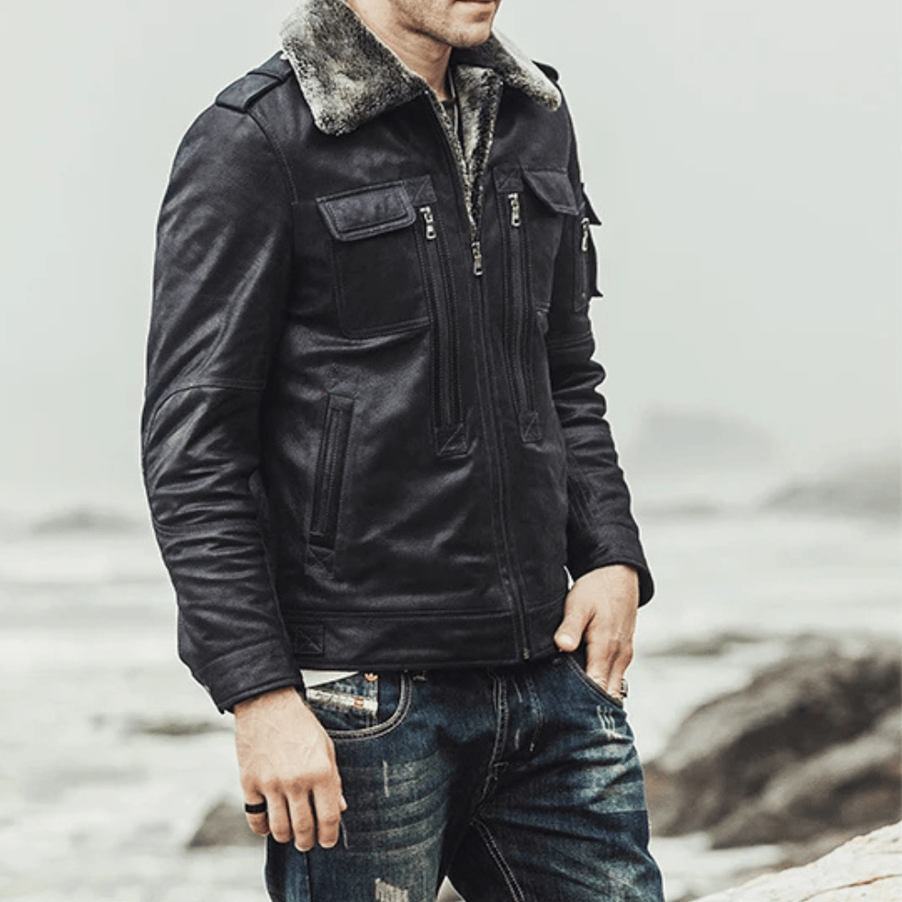 Svart skinn shearling jacka herr Svart / XS