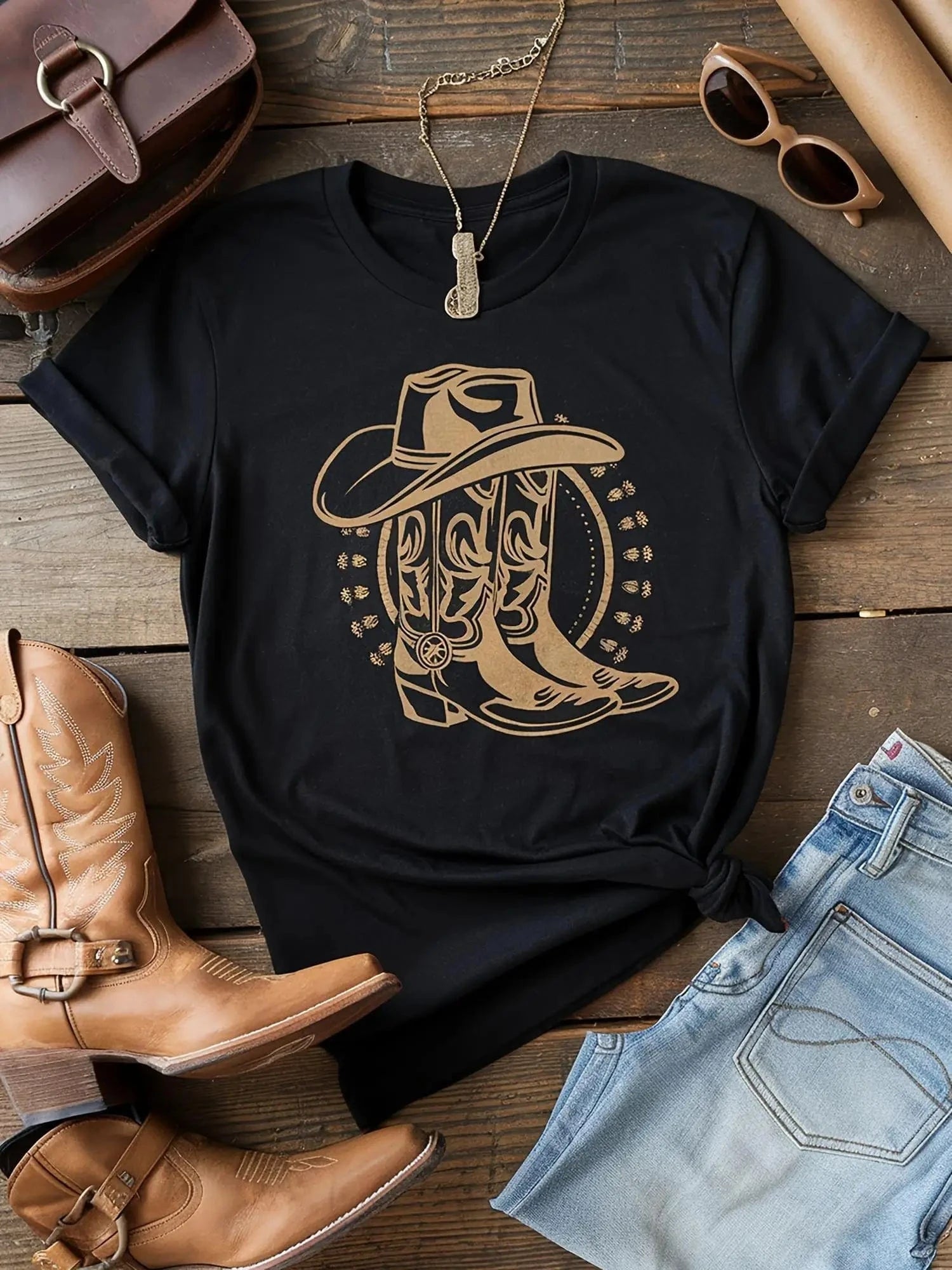 Svart T-Shirt med Westerntryck Svart / XS