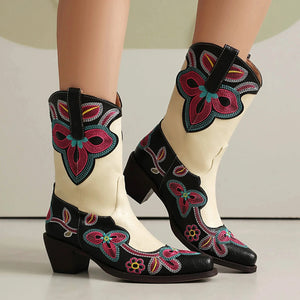 Tvåfärgade Höga Cowboyboots med Blommigt Broderi för Dam