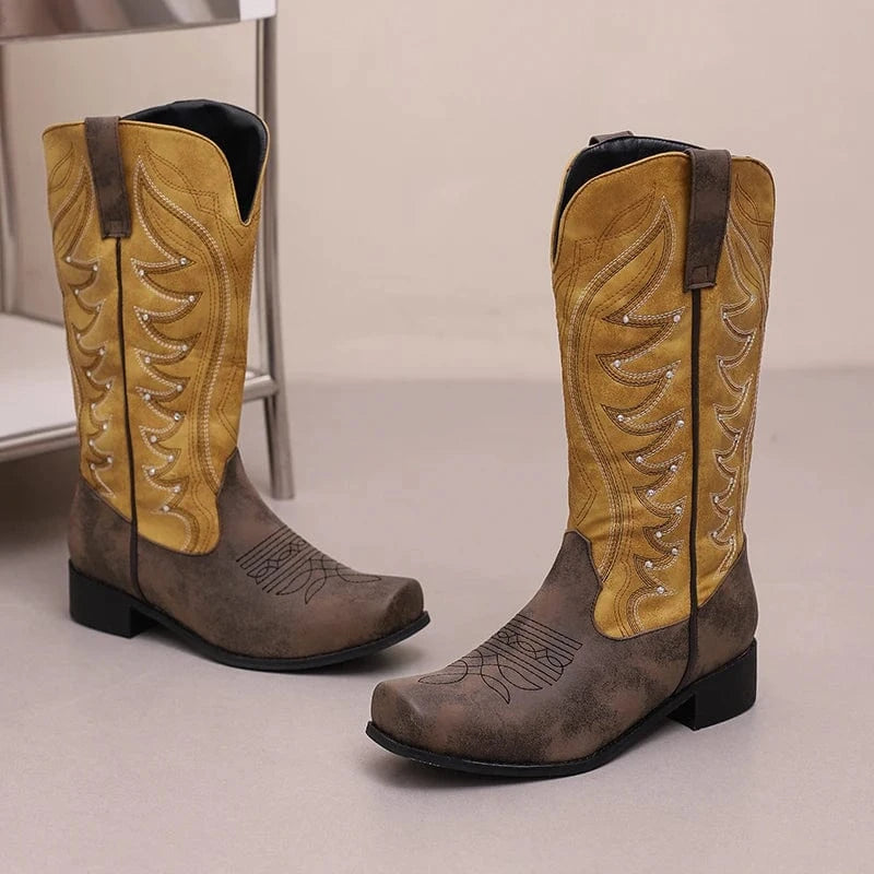 Tvåfärgade Höga Cowboyboots med Fyrkantig Tå för Dam