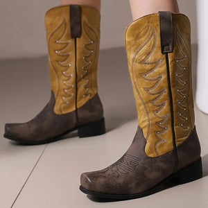 Tvåfärgade Höga Cowboyboots med Fyrkantig Tå för Dam