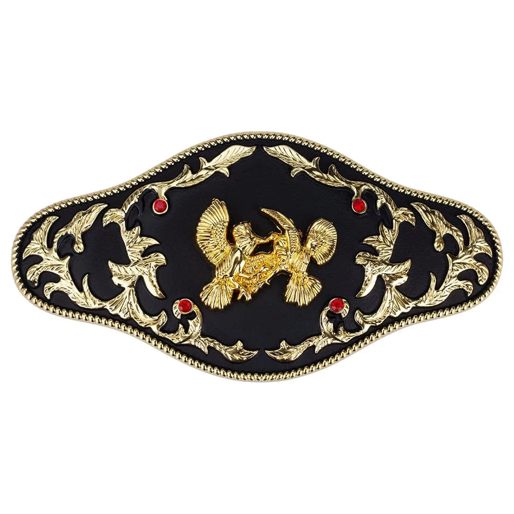 Western Bältesspänne "Böjande Cowboy" med Röda Strass och Guldgravyr Två örnar