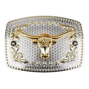 Western Bältesspänne Guld Silver Stjärntextur Motiv Longhornhuvud
