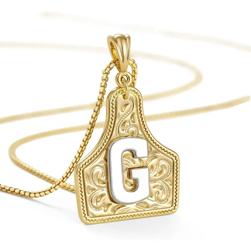 Western Cowgirl Initial Necklace Cowboy A-Z Letter Pendant Necklace for Women Handmade CowTag Two-Toned Jewelry Gift G / With cowboy box