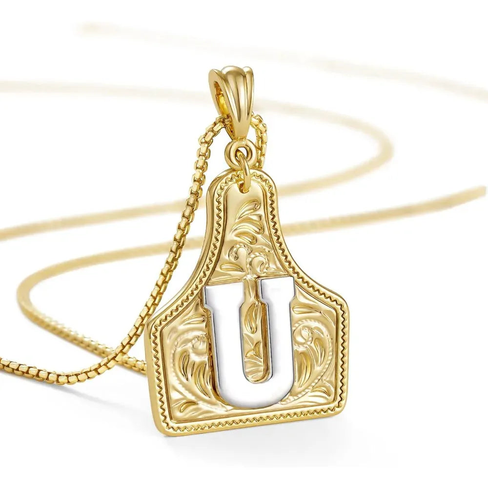 Western Cowgirl Initial Necklace Cowboy A-Z Letter Pendant Necklace for Women Handmade CowTag Two-Toned Jewelry Gift U / With cowboy box