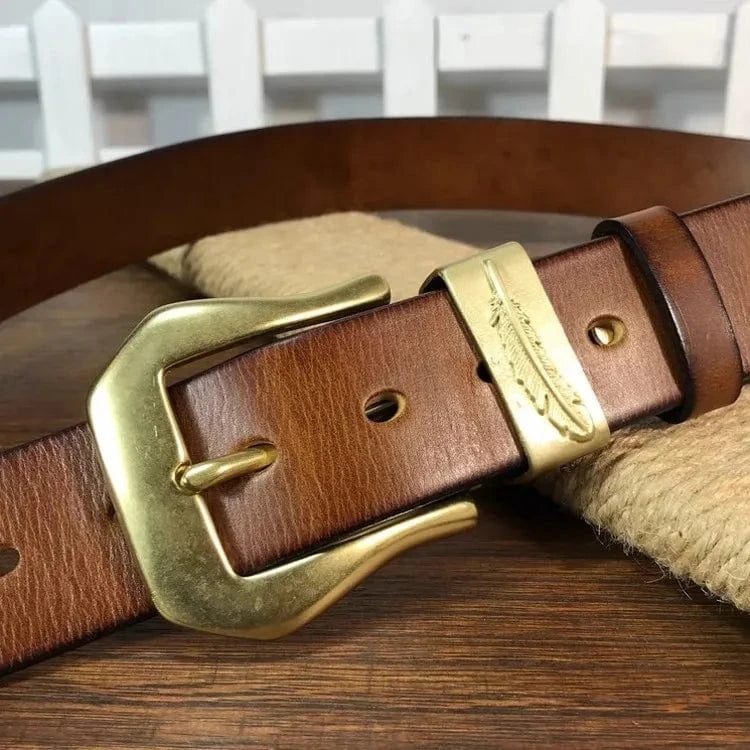 Westernbälte i äkta läder med vintage-kopparspänne