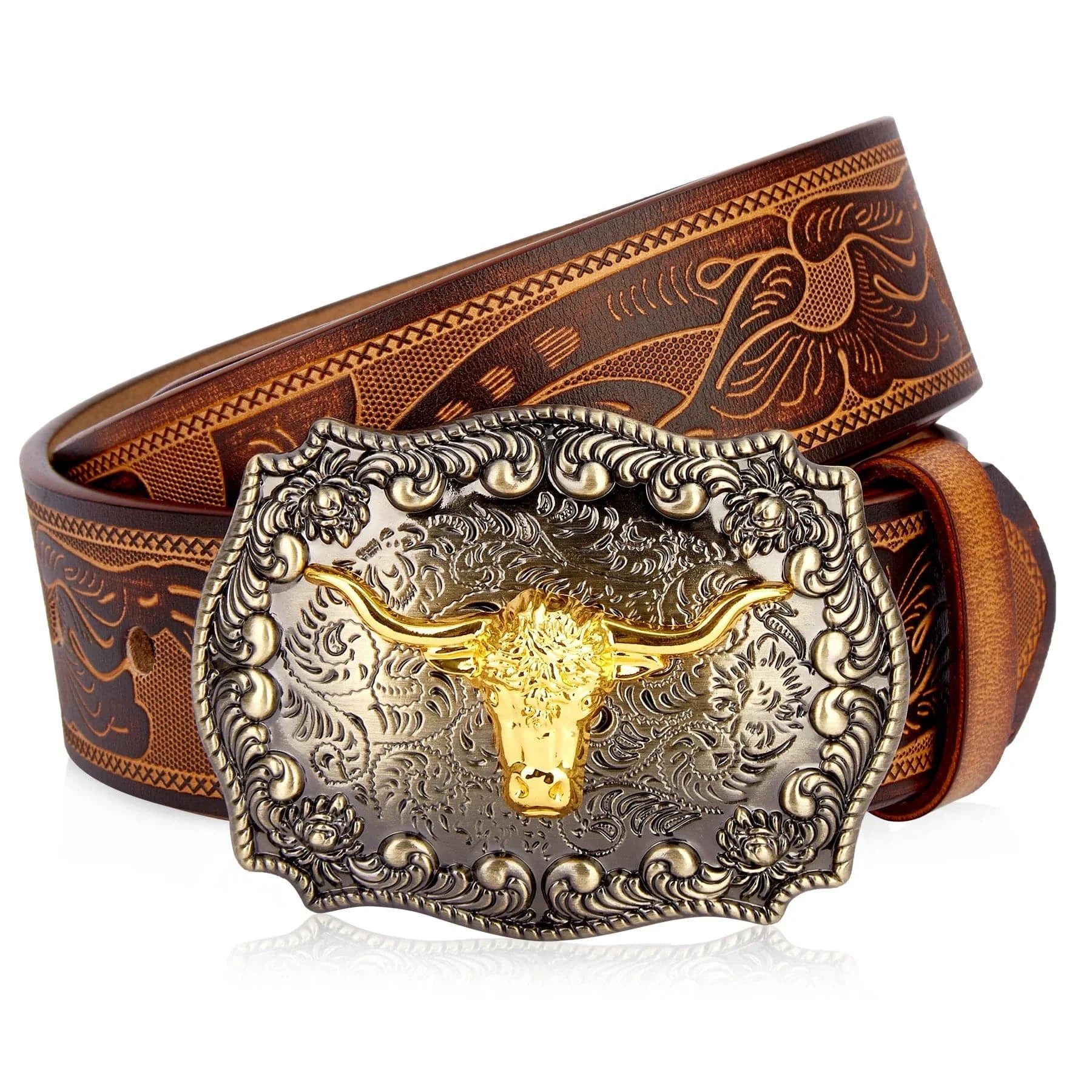 Westernbälte i Präglat Läder med Guldfärgat Longhorn-spänne Brun 1 / 105cm