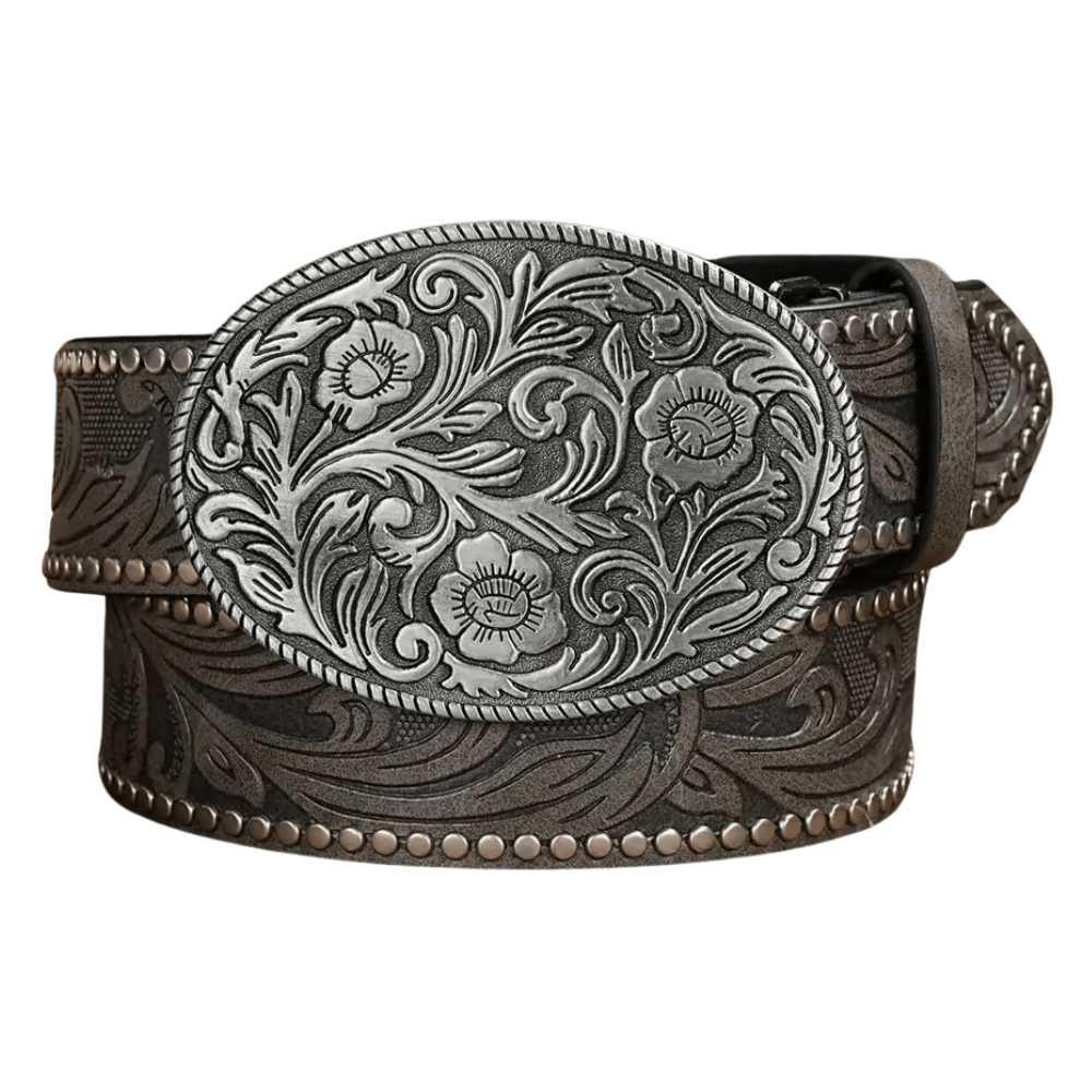 Westernbälte med Blomgravyr Grå / 120cm