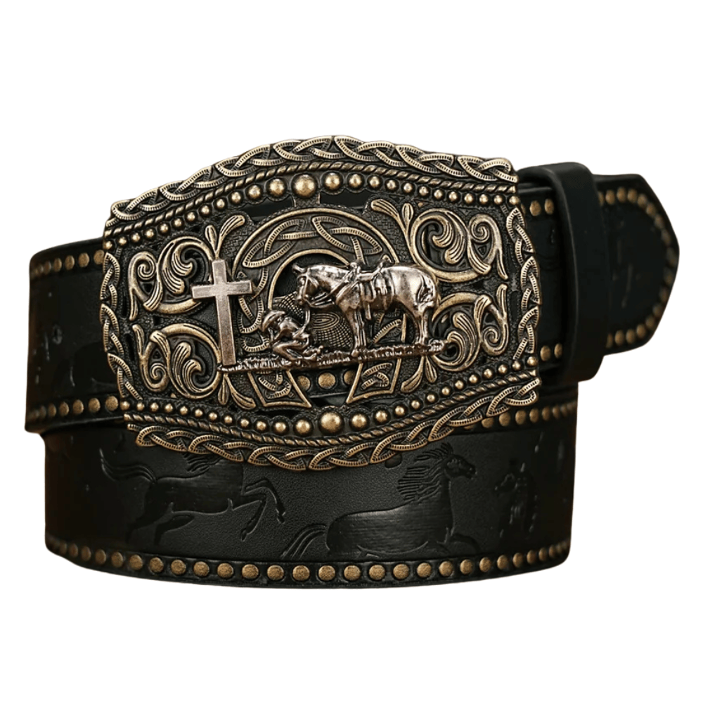 Westernbälte med häst och cowboy Svart / 120cm