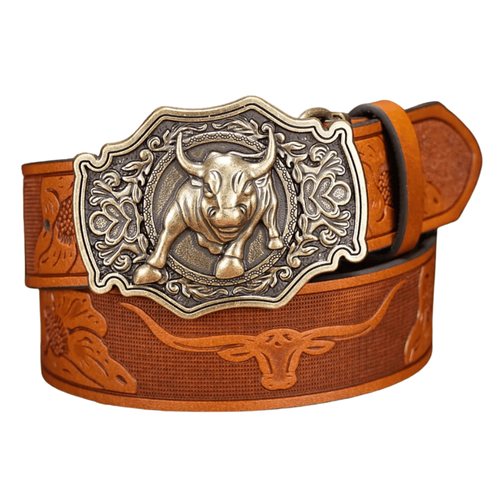 Westernläderbälte med tjurspänne Kamel / 120cm