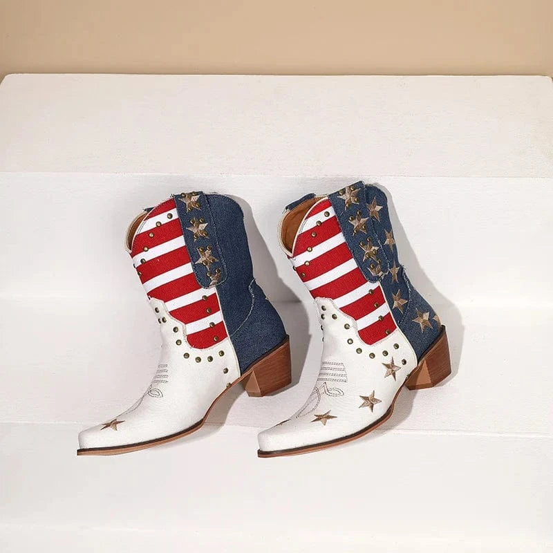 Vita Cowgirl Boots med Amerikansk Flagga
