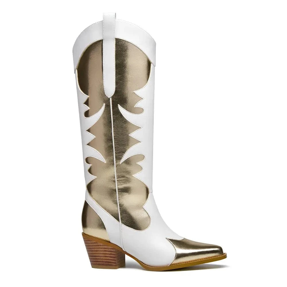 Vita Höga Cowgirl Boots med Guldiga Detaljer